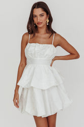 Zilara Bubble Hem Bow Mini Dress Jacquard White