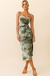 Serenade Me Square Neckline Side Split Midi Dress Tie Dye Olive