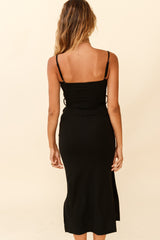 Serenade Me Square Neckline Side Split Midi Dress Black