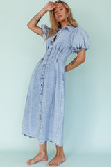 Zurich Pleated Waist Midi Dress Denim Blue
