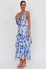 Veda Strappy Back Ruffle Maxi Dress Floral Blue