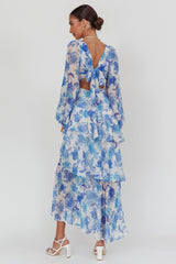 Veda Long Sleeve Floral Tiered Ruffle Maxi Dress Blue