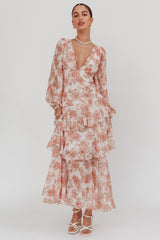 Veda Long Sleeve Floral Tiered Ruffle Maxi Dress Peach