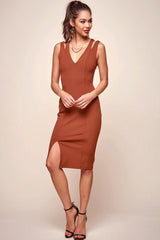 Pope Double Strap Bodycon Midi Dress Brown