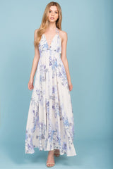 Baylor Floral Print Open Back Maxi Dress Beige