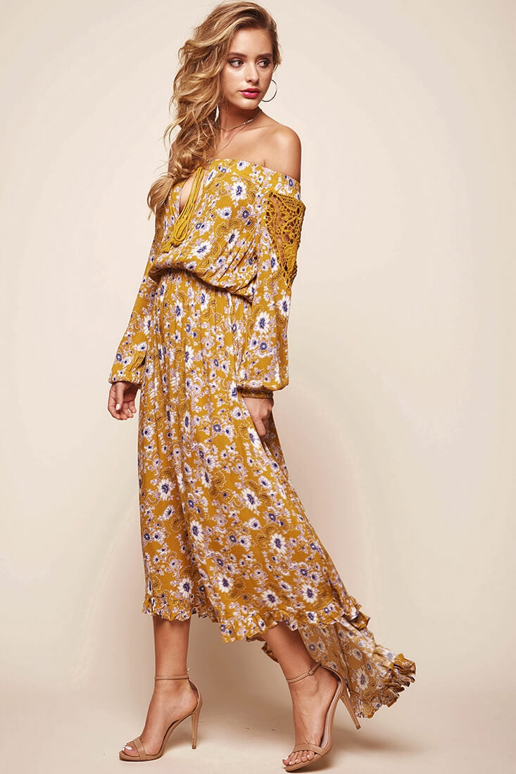 Mojave Off-Shoulder Floral Maxi Dress Mustard