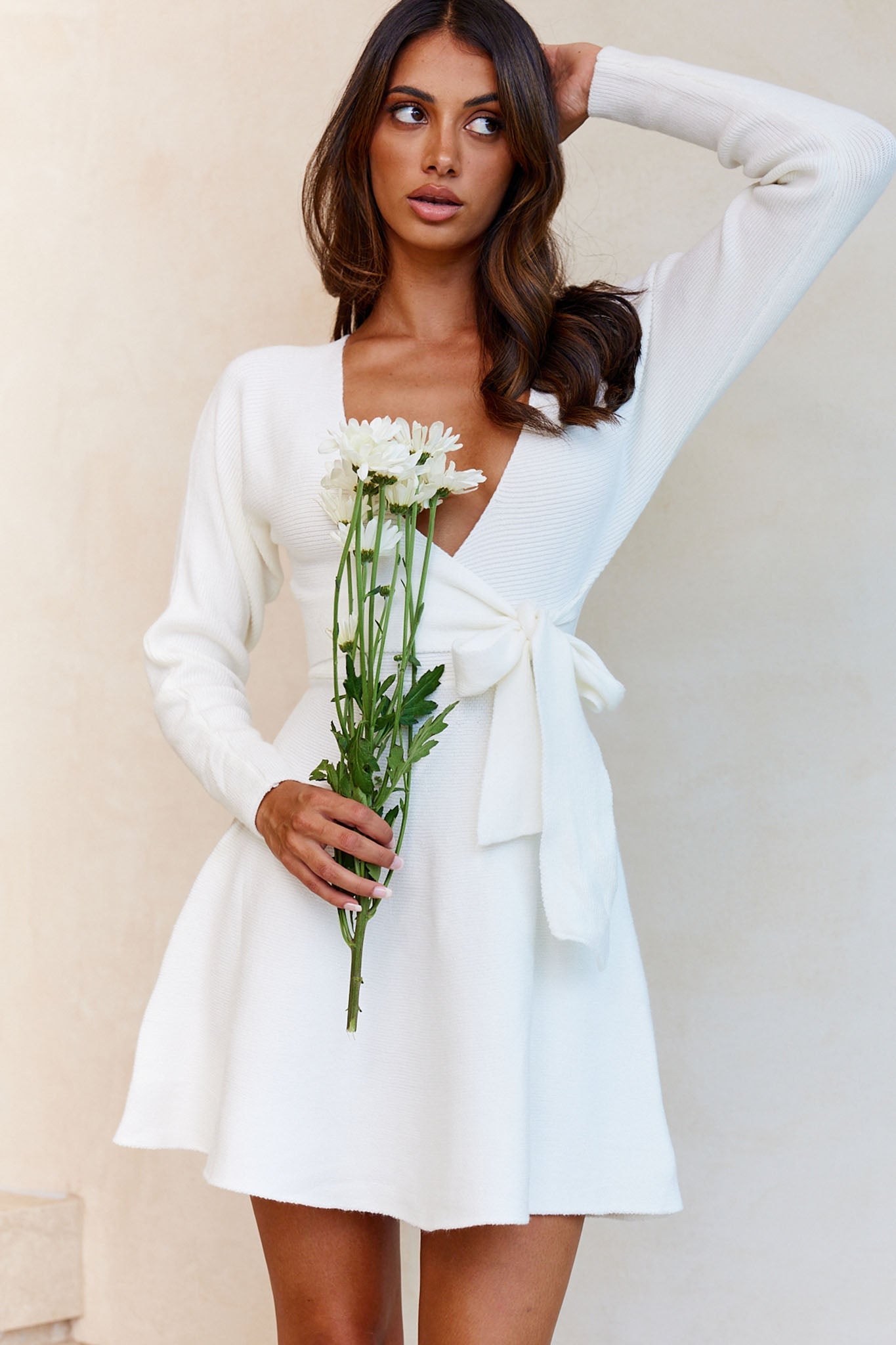 Shooting Star Long Sleeve Side Tie Knit Dress White