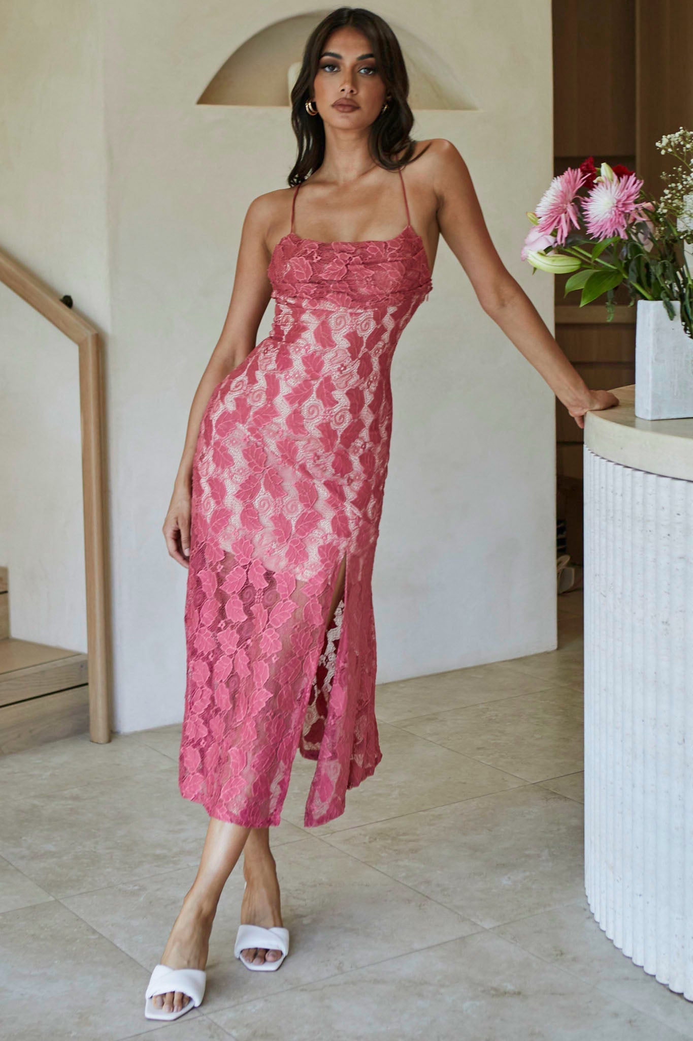 Well Versed Pleated Bust Front Split Dress Lace Rose