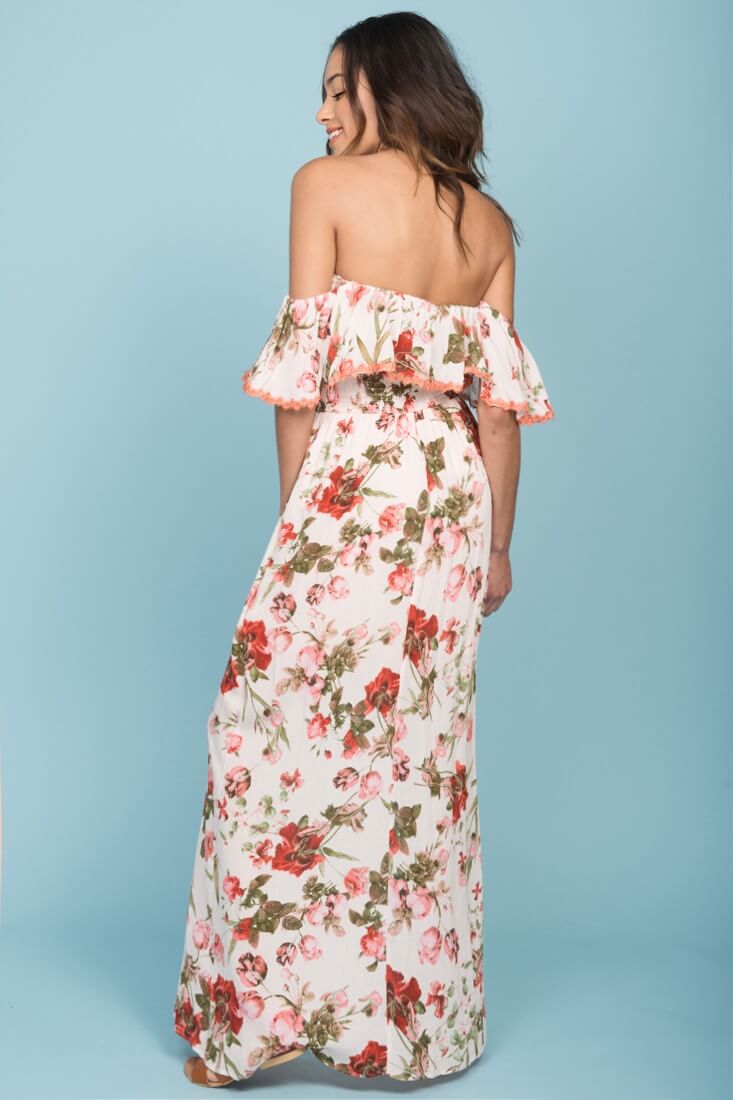 Tuscany Off The Shoulder Maxi Dress White & Red