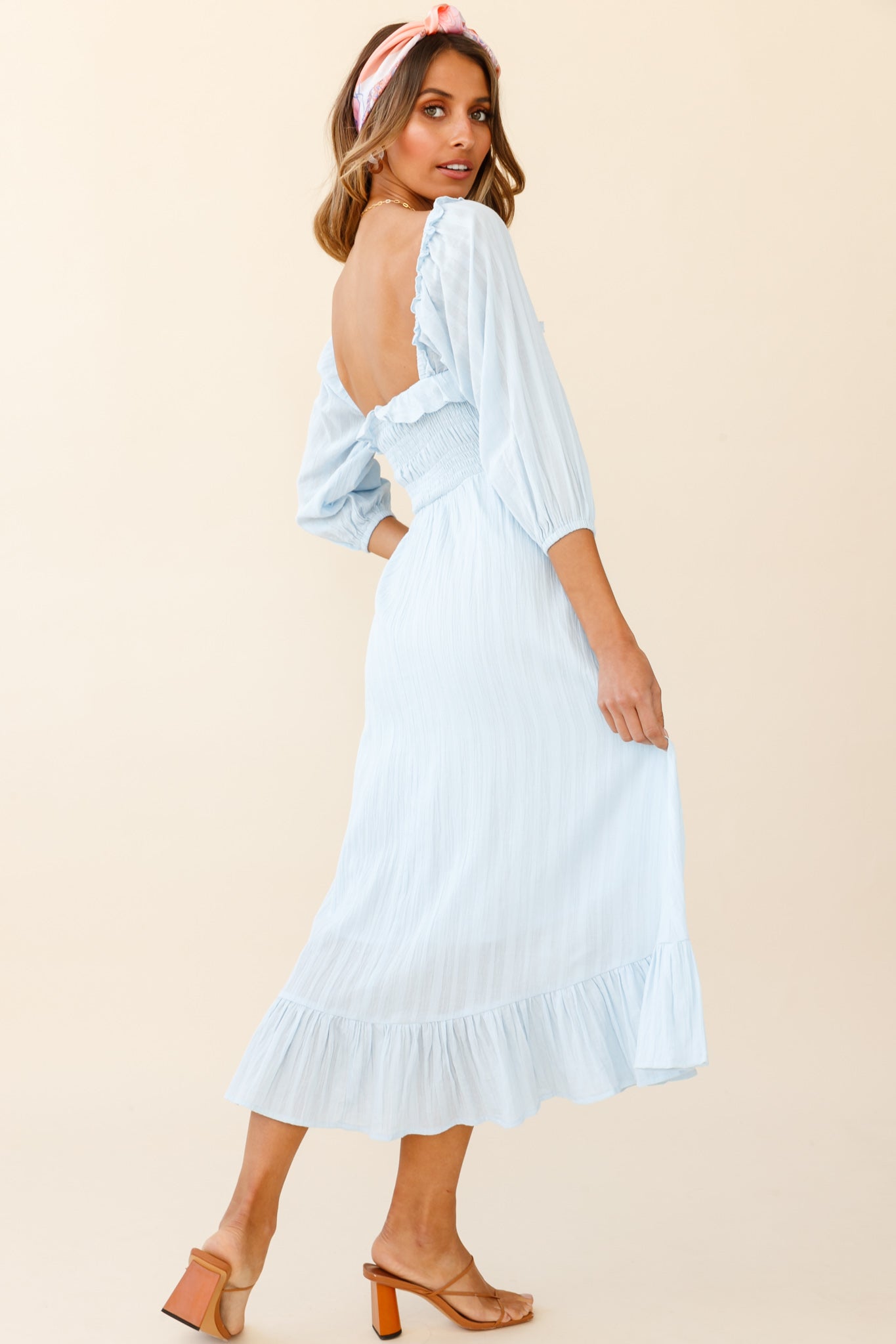 Flynn Off-Shoulder Shirred Bust Midi Dress Ice Blue