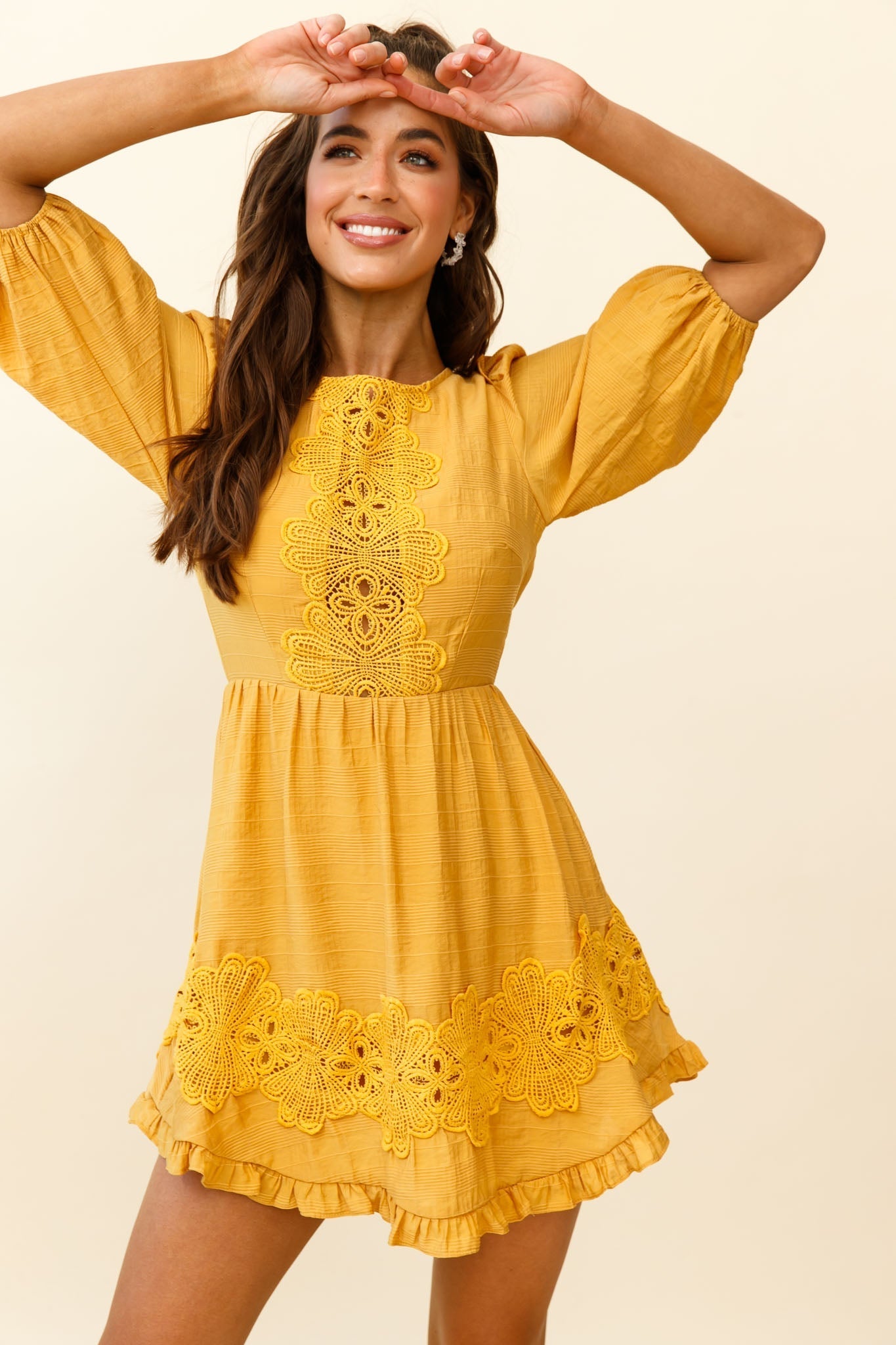 Sunday Morning Applique Embellished Open Back Dress Yellow