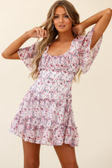Stolen Moments Angel Sleeve Ruffle Dress Floral Print Pink Multi