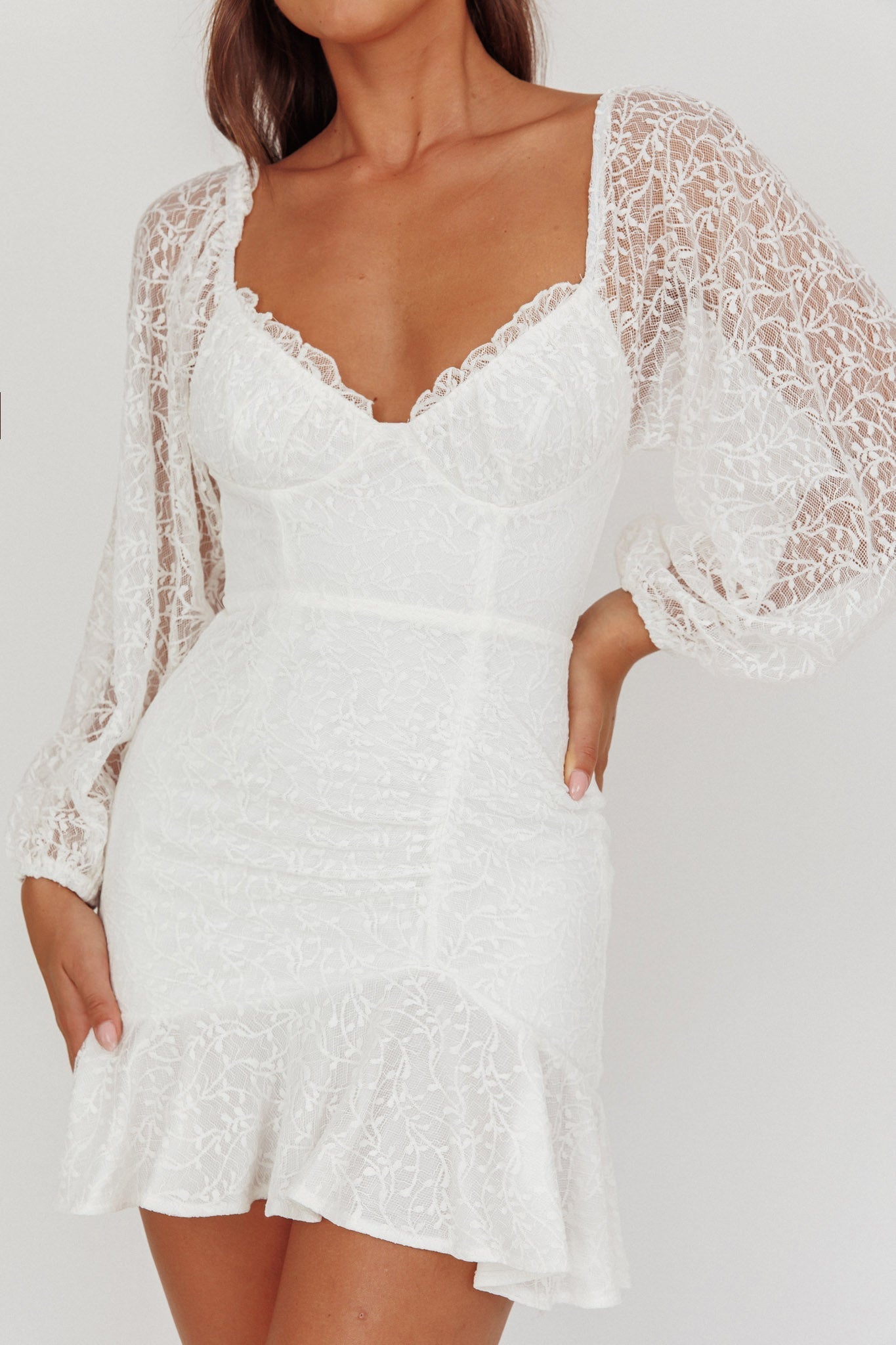 Halley Balloon Sleeve Frill Bust Flounce Hem Lace Dress White