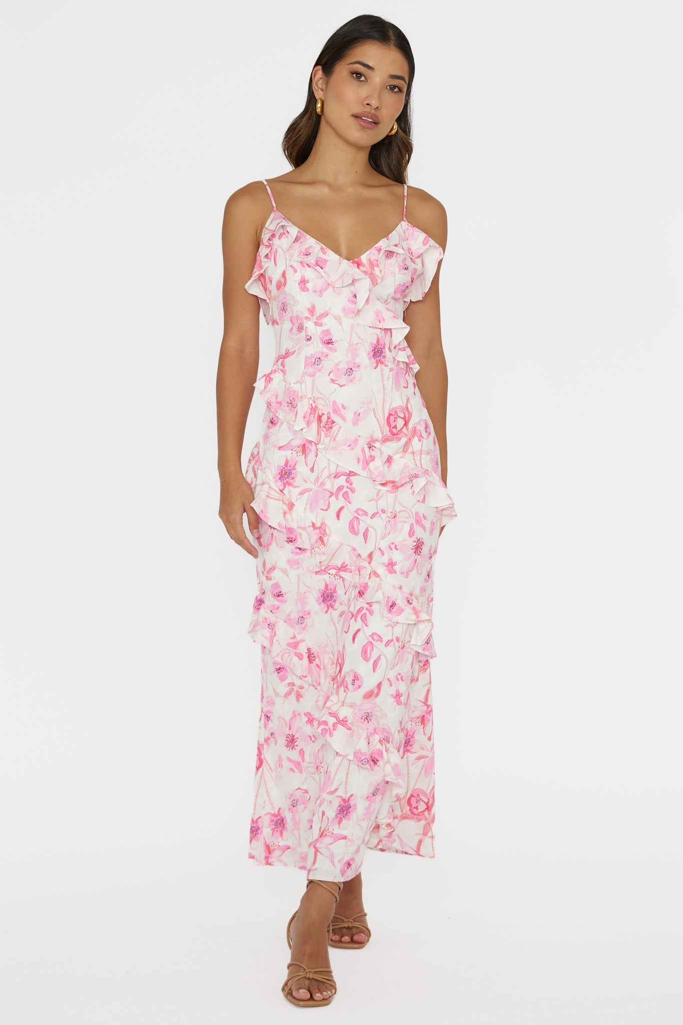 Silvana Frill Trim Midi Dress Floral Pink