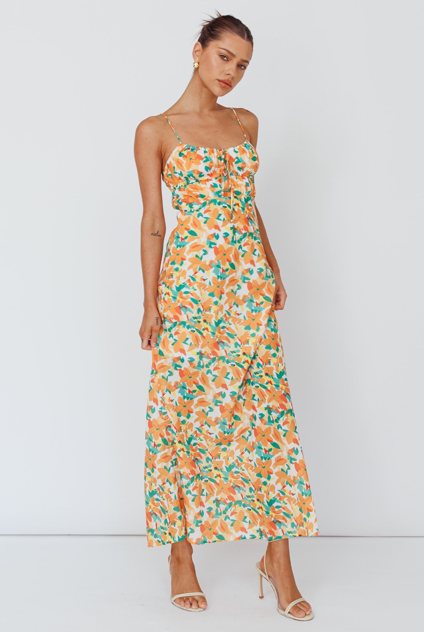 Solstice Noon Tied Bust Midi Dress Print Orange