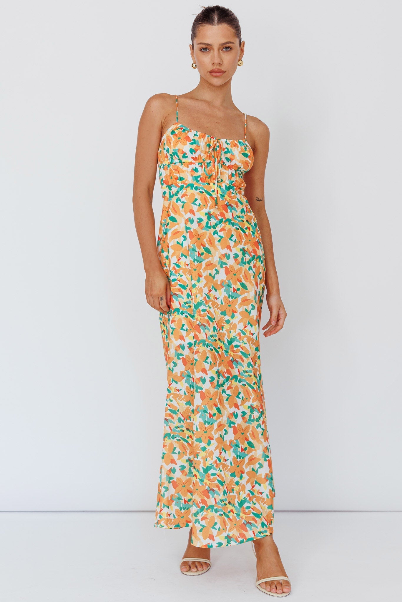 Solstice Noon Tied Bust Midi Dress Print Orange