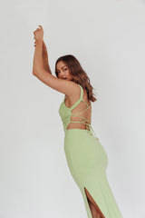 Dream Crush Lace-Up Back Side Split Midi Dress Matcha