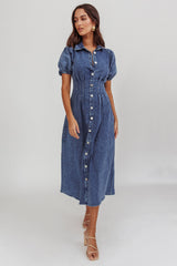 Zurich Pleated Waist Midi Dress Denim Dark Blue