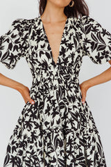 Summer Land V-Neckline Midi Dress Floral Beige