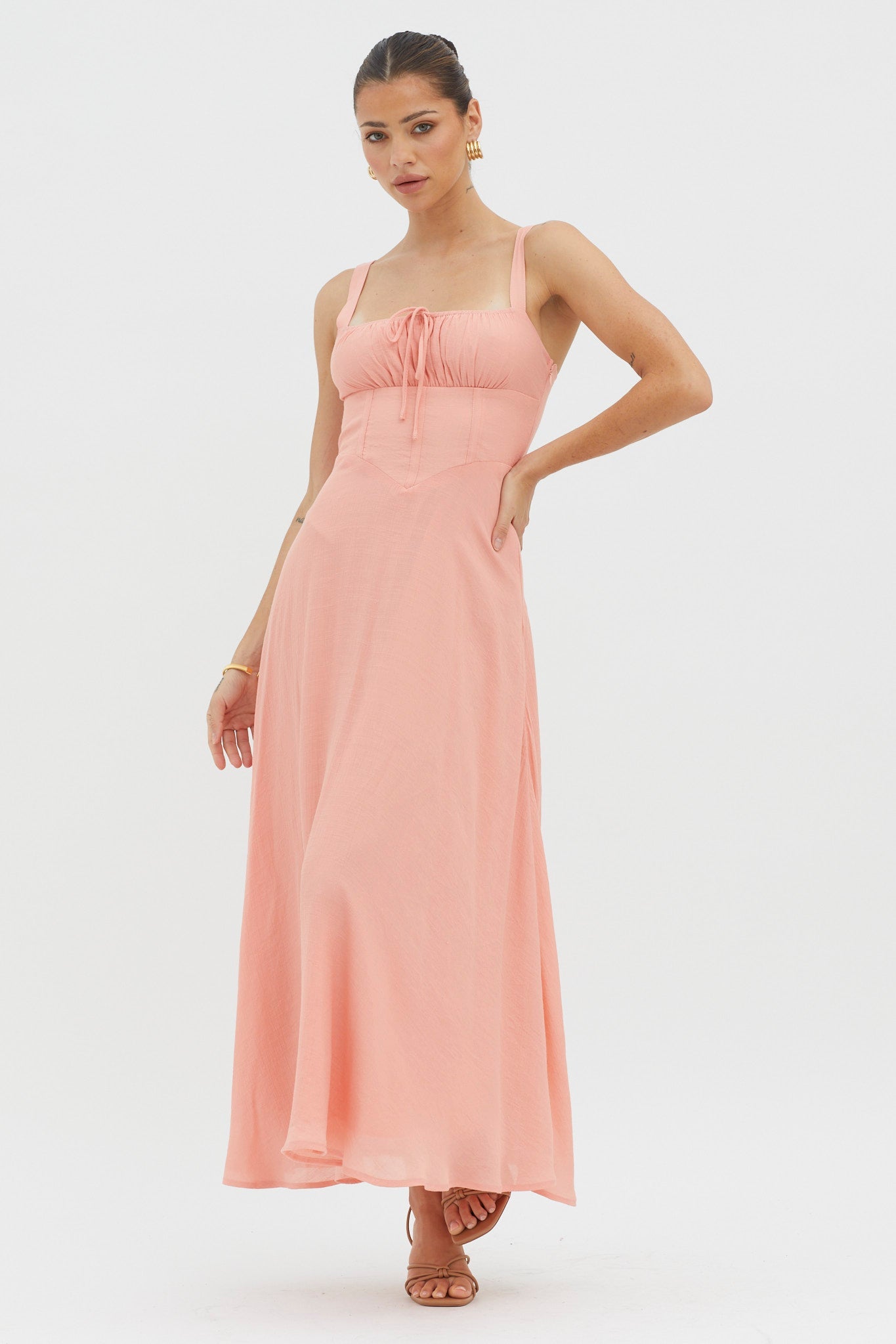 Sweet Pea Tied Bust A-Line Midi Dress Peach