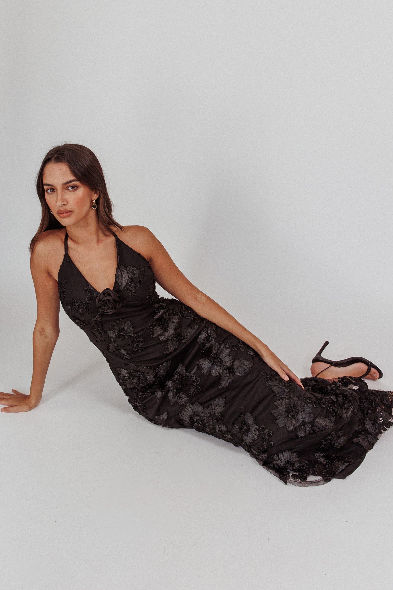 Your Affections Rosette Ribbon Embellished Maxi Dress Black