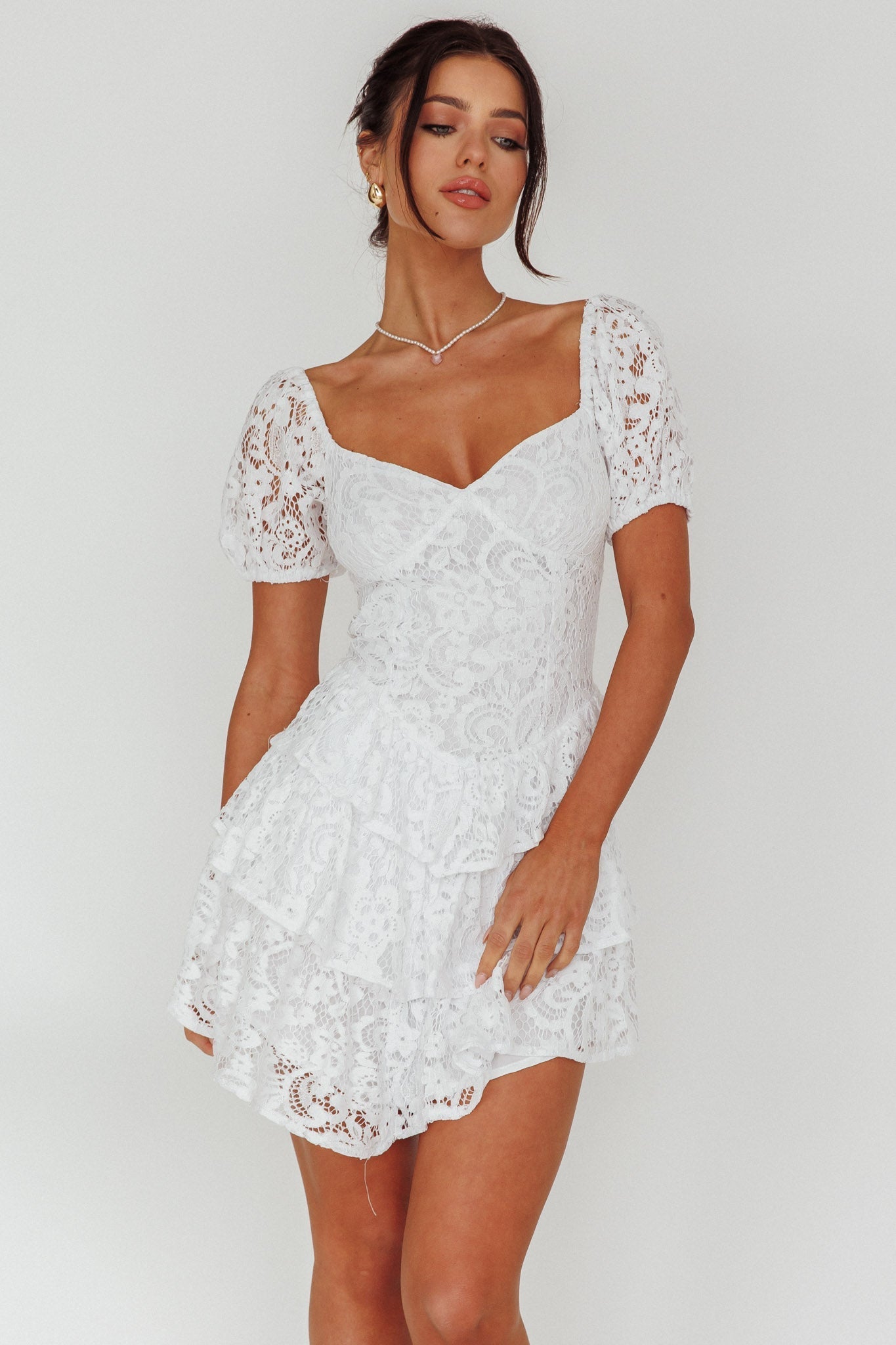 Tayah Tiered Lace Mini Dress Off White