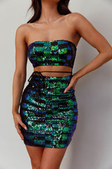 Tupelo Cut-Out Waist Sequin Mini Dress Green/Black