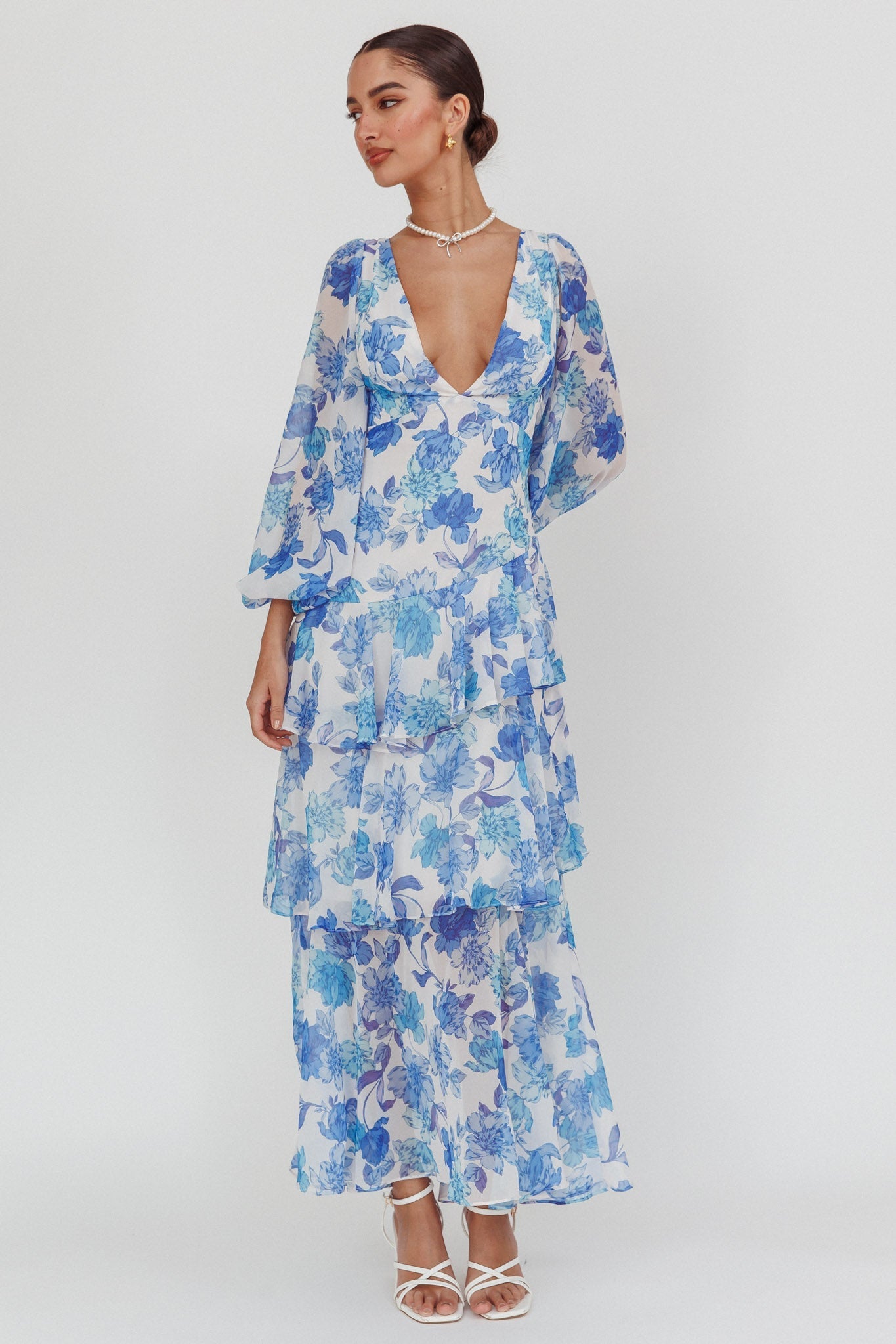 Veda Long Sleeve Floral Tiered Ruffle Maxi Dress Blue