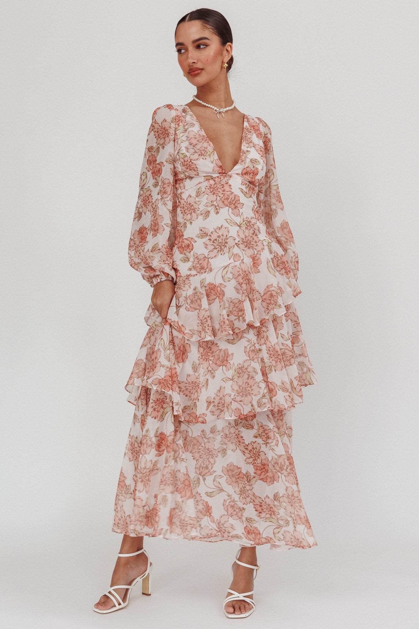 Veda Long Sleeve Floral Tiered Ruffle Maxi Dress Peach