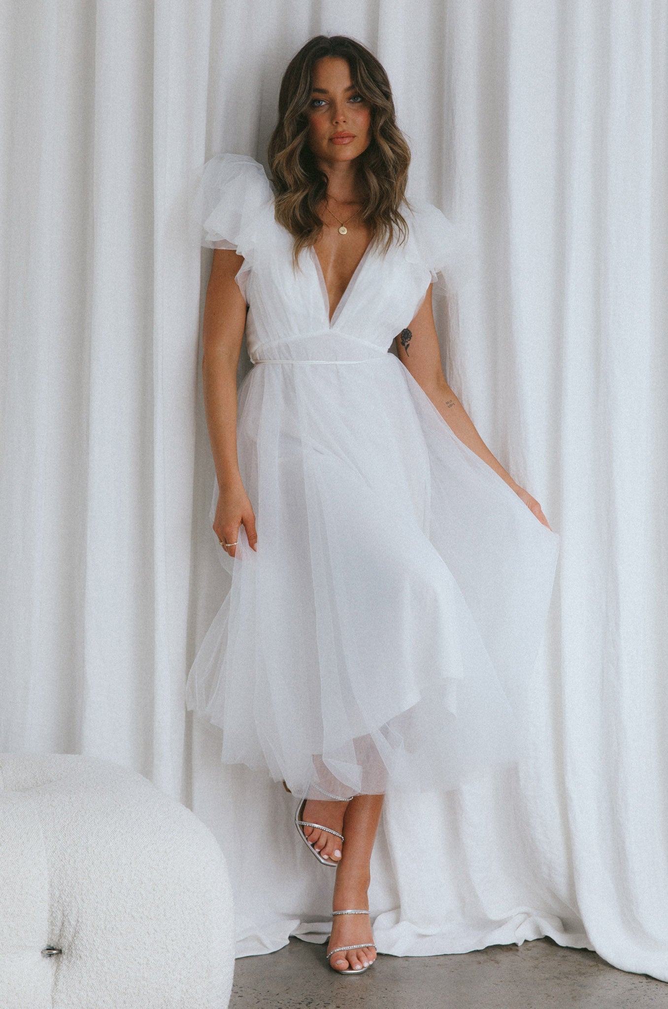 Leap Of Faith Frill Shoulder Tulle Midi Dress White