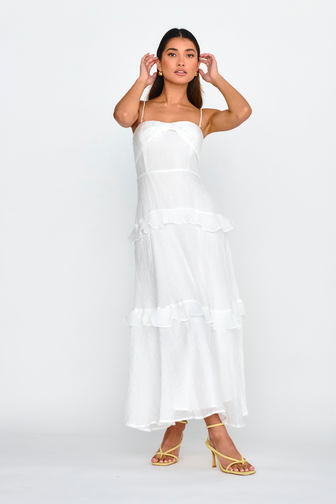 Rise & Glow Frill Trim Textured Midi Dress White