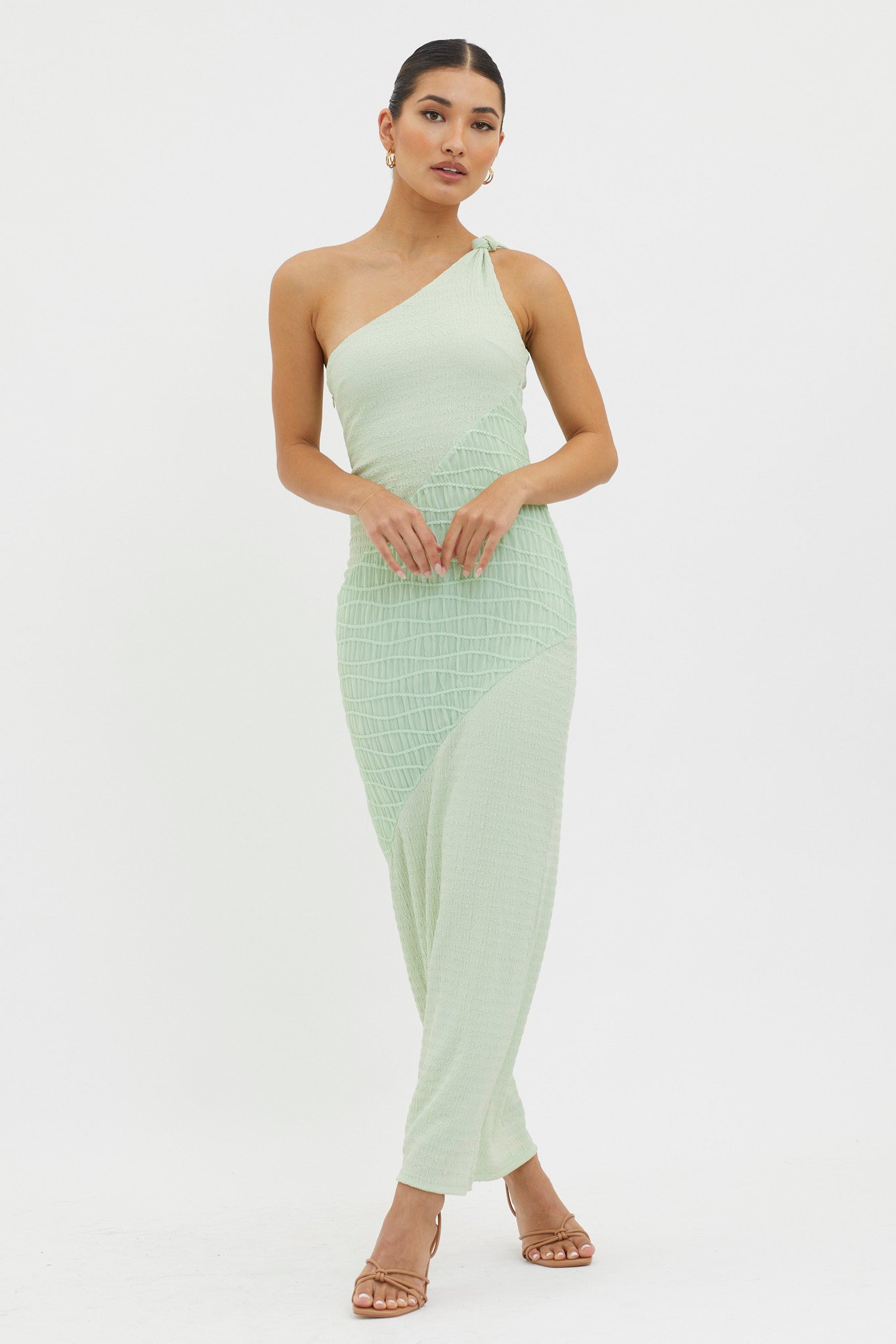 Clean Slate One-Shoulder Smocked Midi Dress Sage