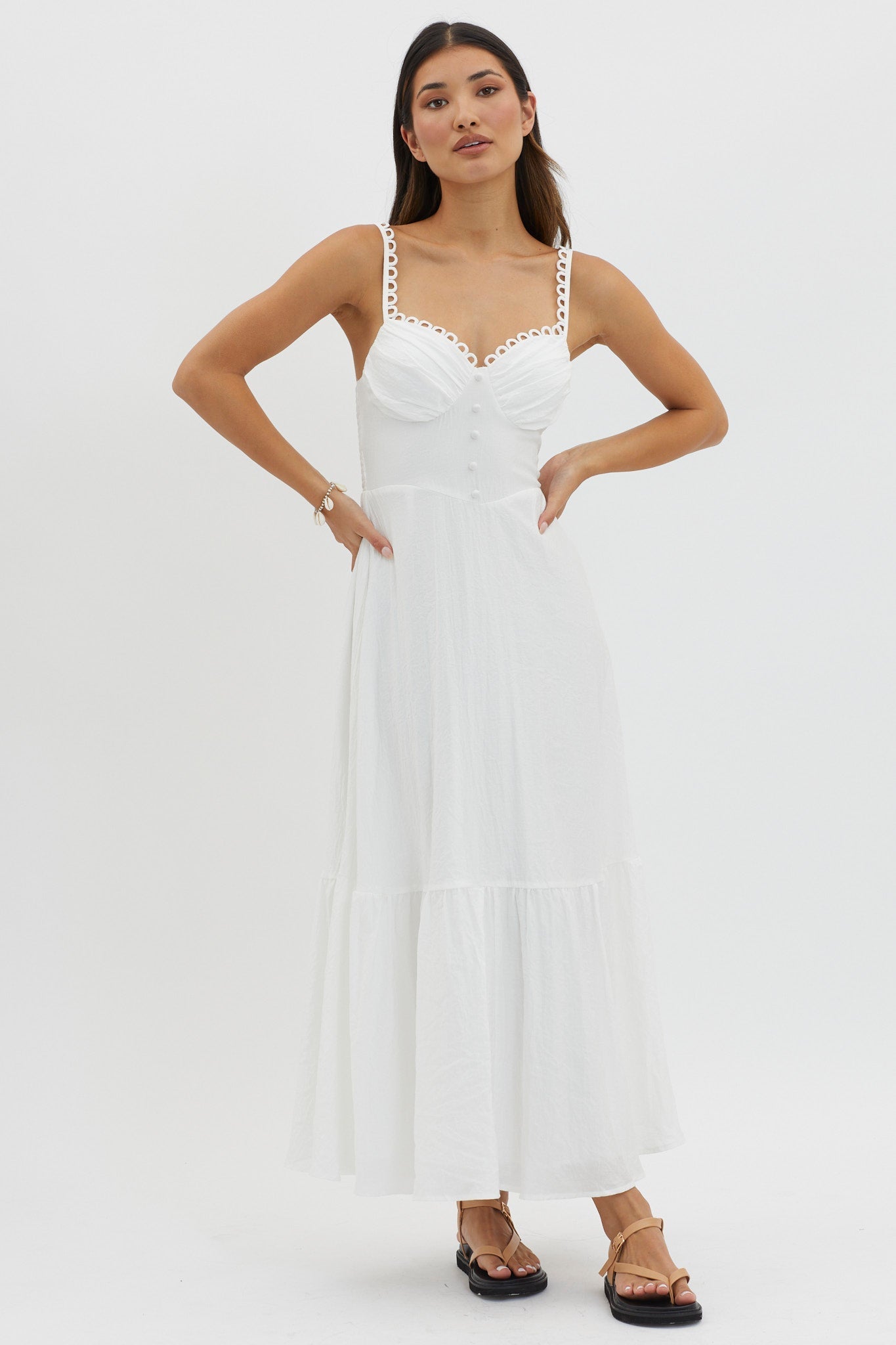 Golden Suns Scallop Trim Midi Dress White