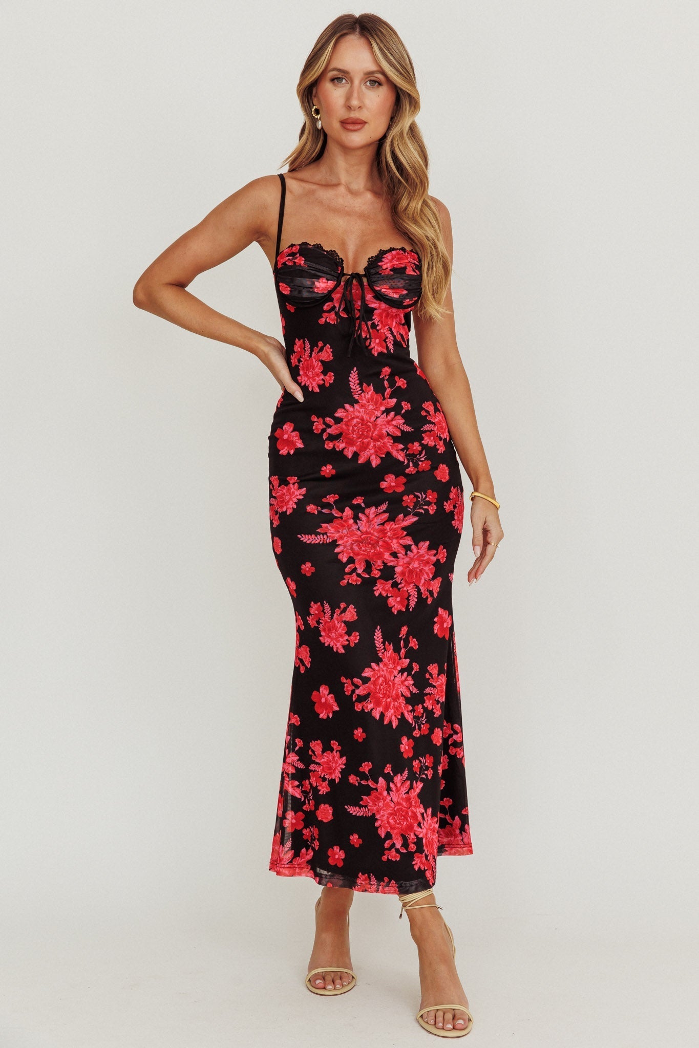 Fortune Lace Trim Mesh Midi Dress Black