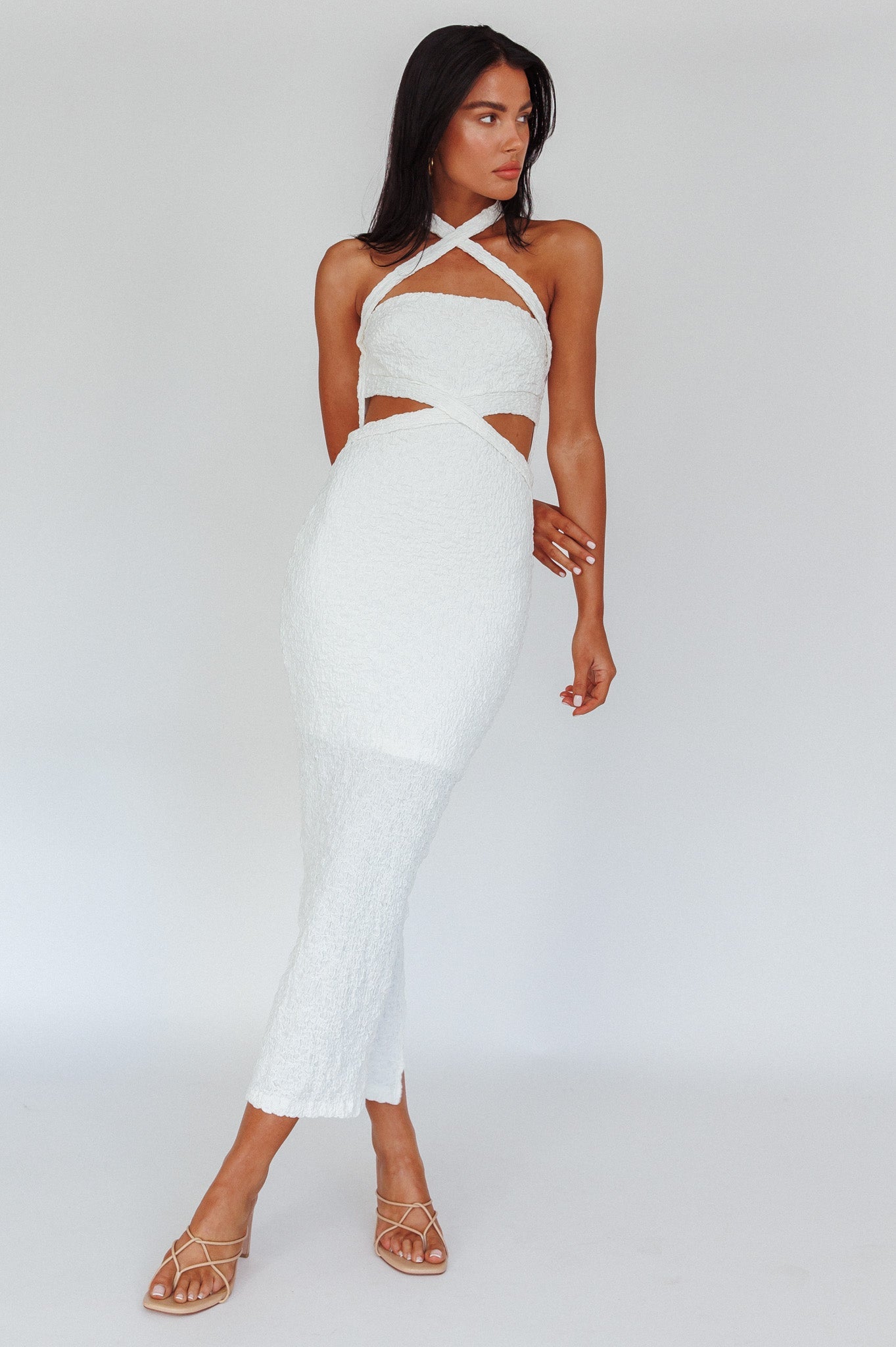 Zadriana Halterneck Textured Midi Dress White