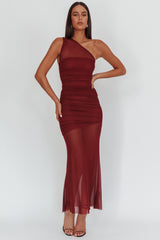 Verity One-Shoulder Sheer Maxi Dress Wine