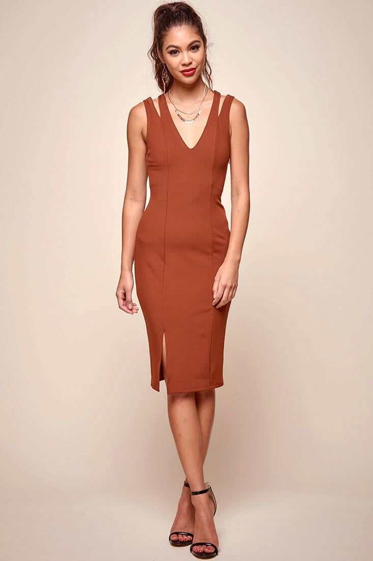 Pope Double Strap Bodycon Midi Dress Brown